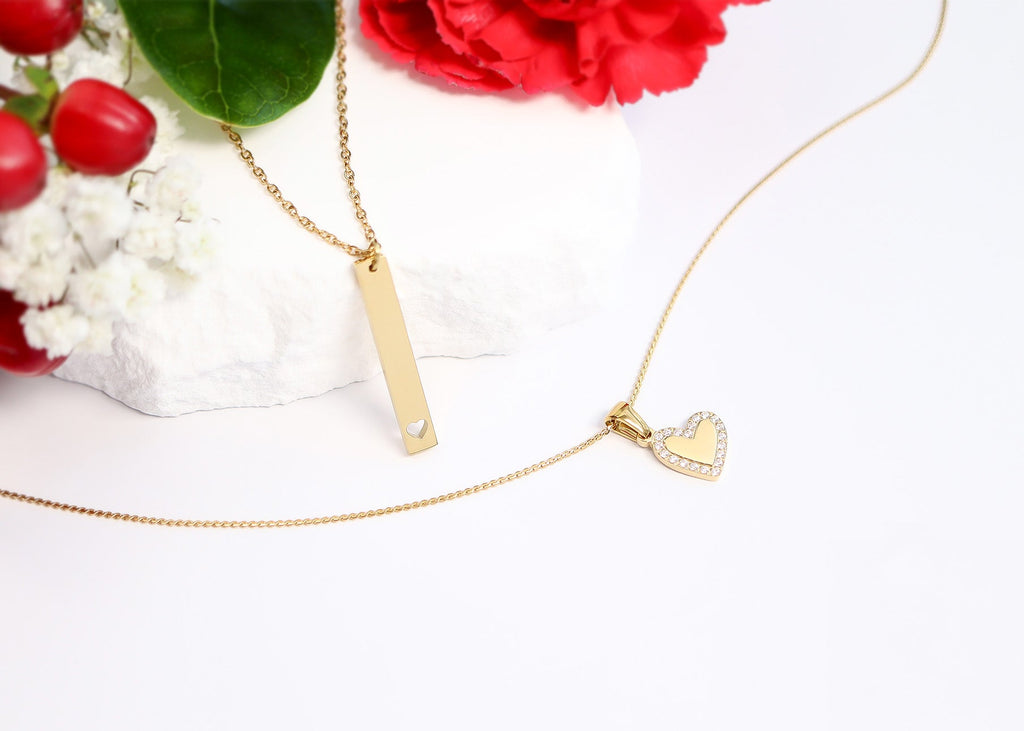 Heart Cutout Necklace - 18K Gold PVD Stainless Steel Vertical Bar Pendant
