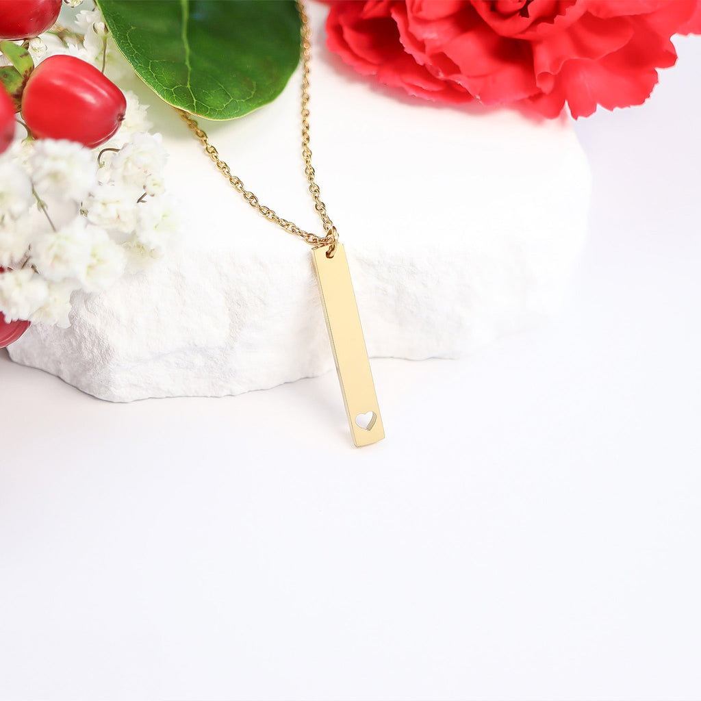 Heart Cutout Necklace - 18K Gold PVD Stainless Steel Vertical Bar Pendant