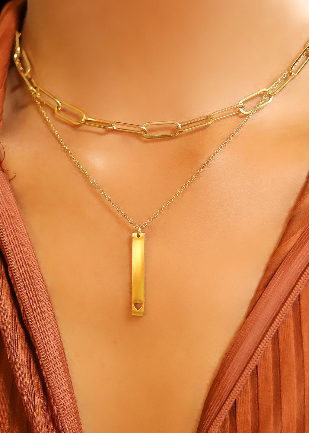 Heart Cutout Necklace - 18K Gold PVD Stainless Steel Vertical Bar Pendant