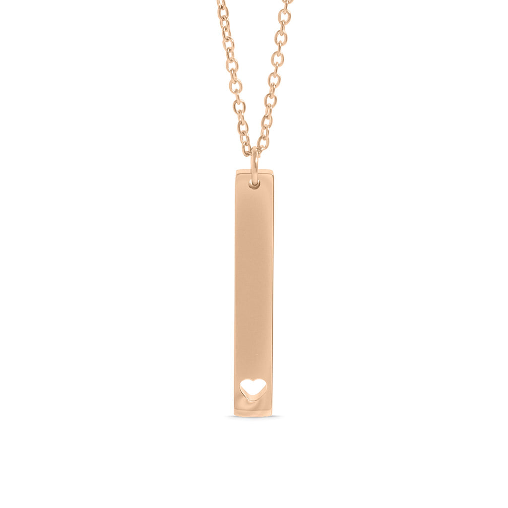 Chain necklace with vertical bar charm with heart engraving