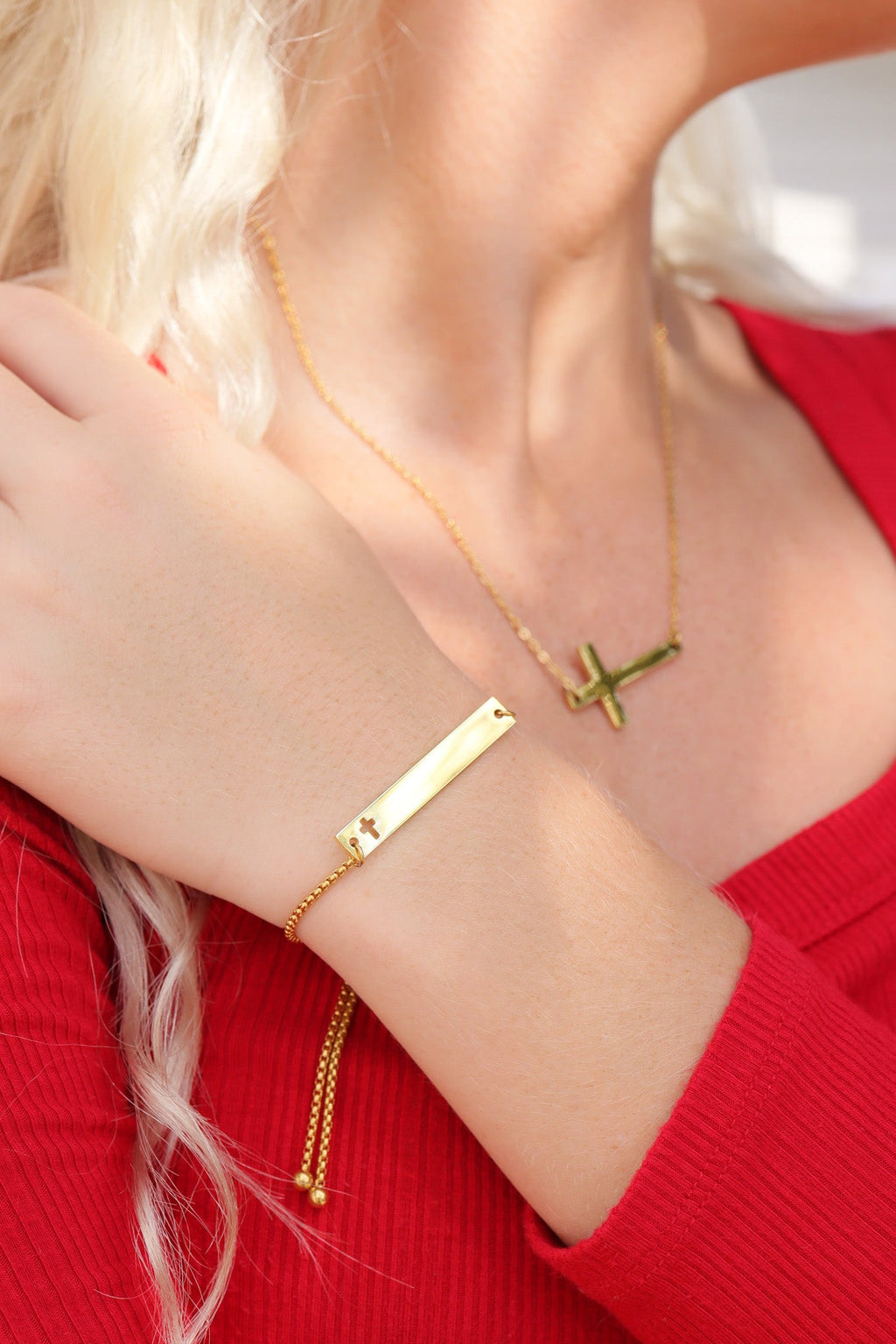 Rope chain bar bracelet with Christian cross engraving to the right of the bar