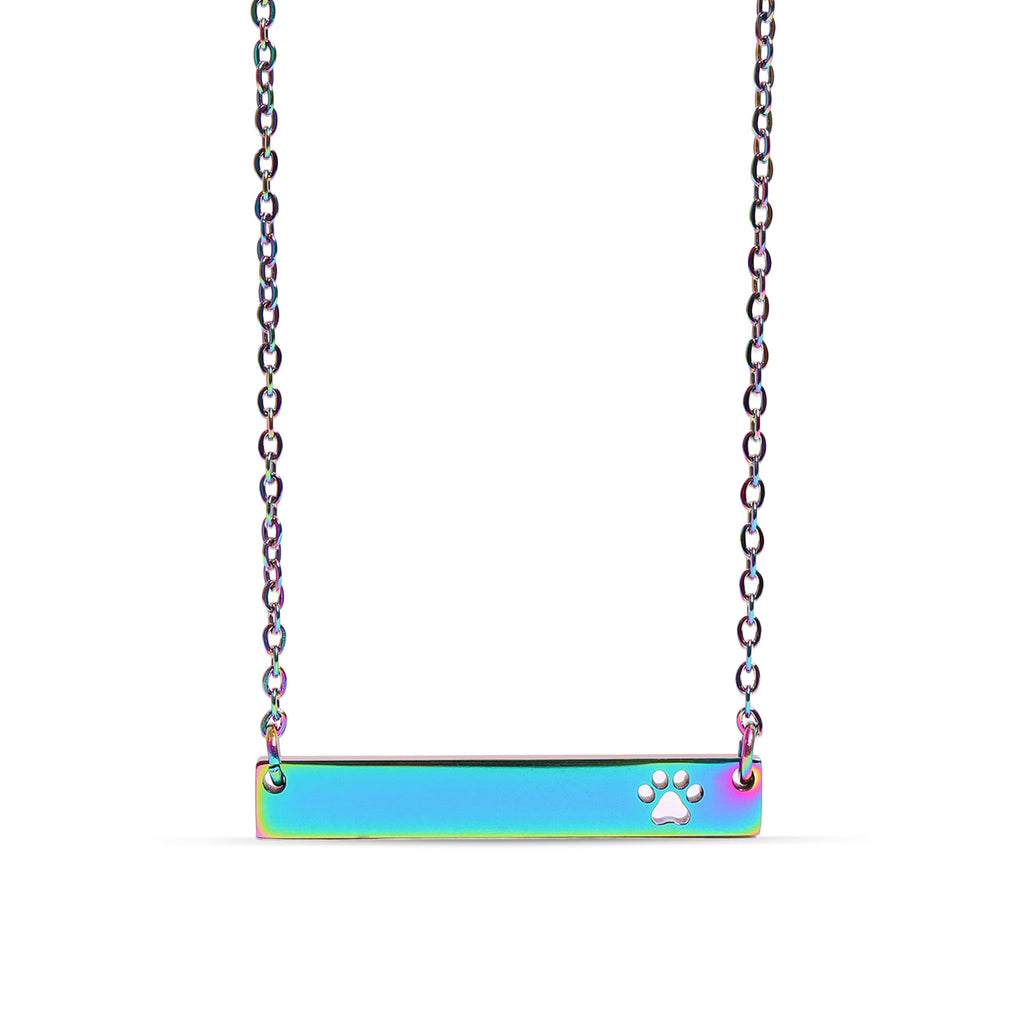 Chain necklace with horizontal bar pendant with paw print cut out engraving