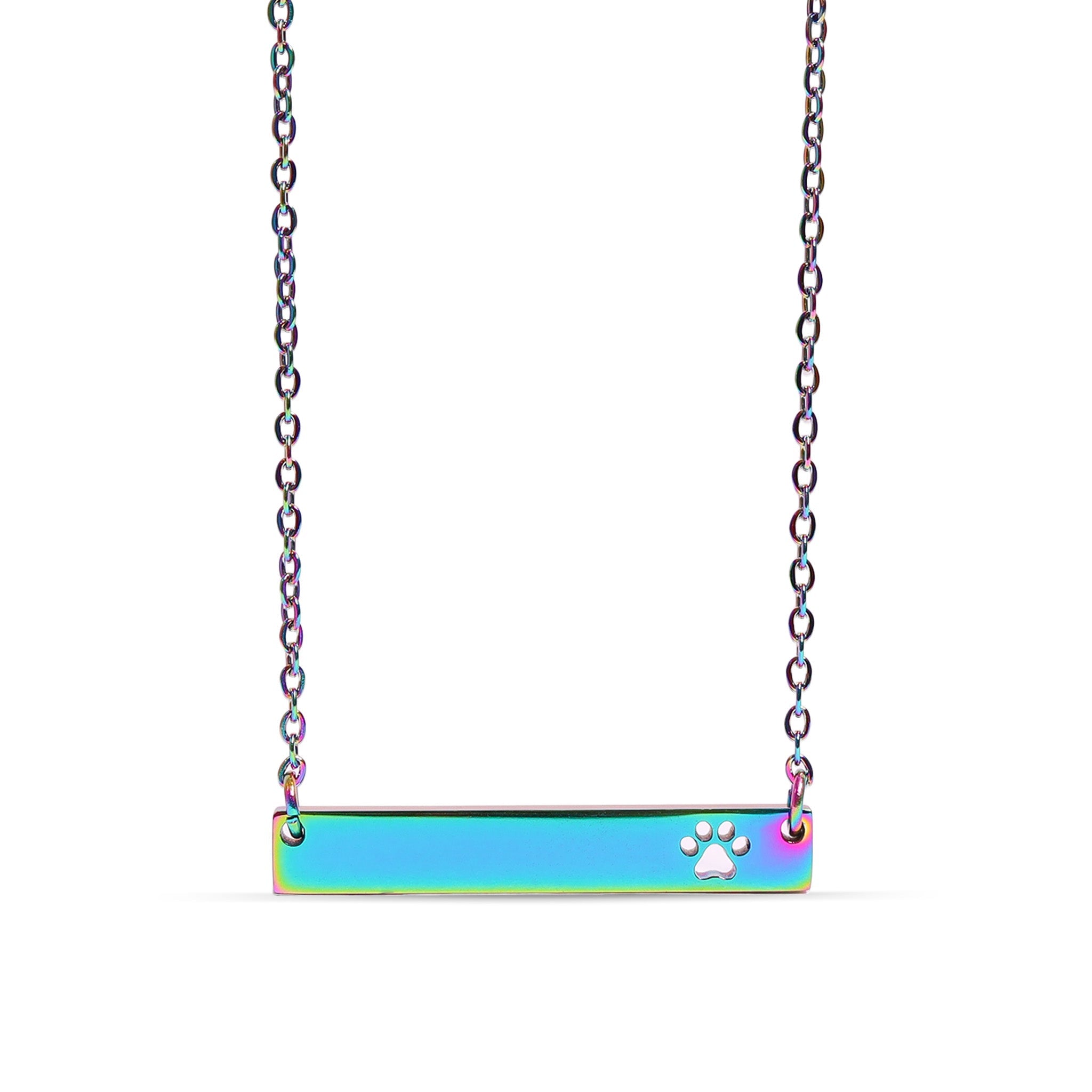 Chain necklace with horizontal bar pendant with paw print cut out engraving