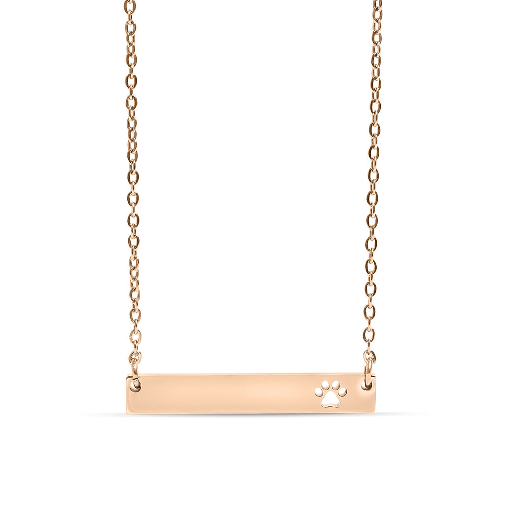 Chain necklace with horizontal bar pendant with paw print cut out engraving