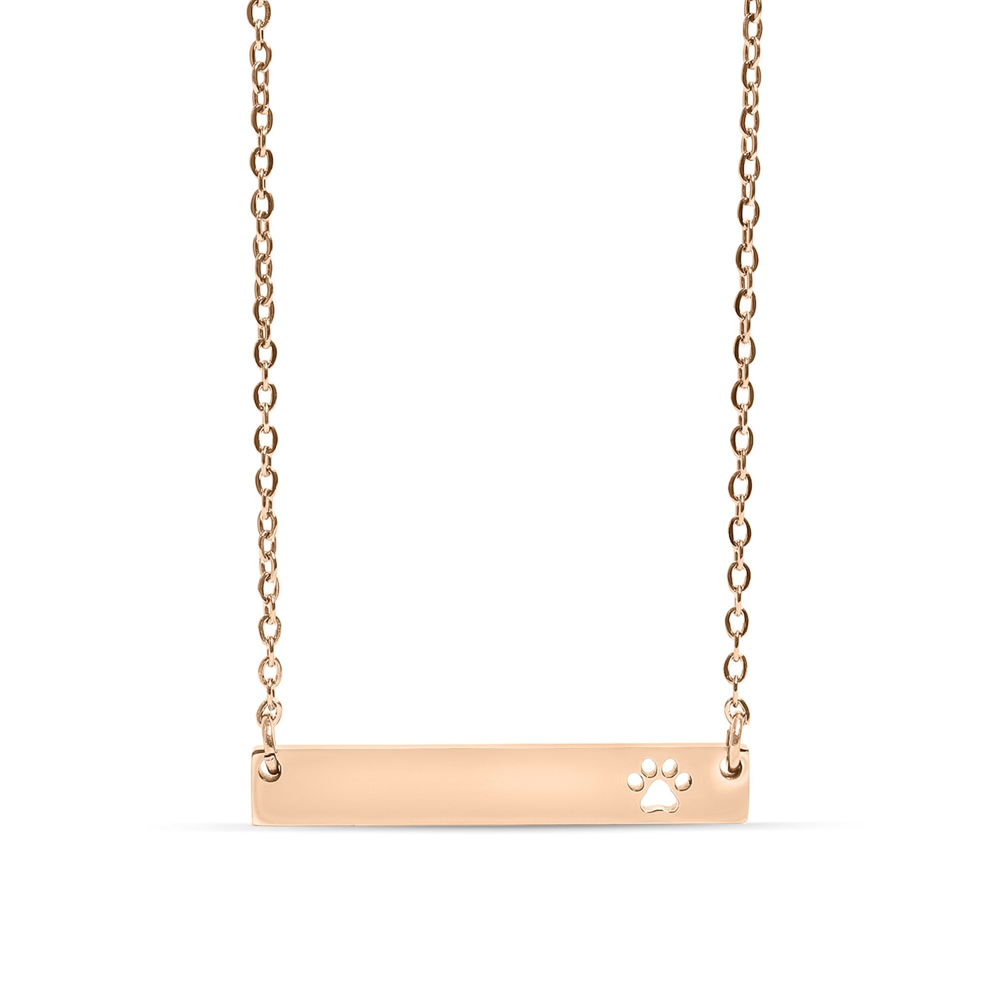 Chain necklace with horizontal bar pendant with paw print cut out engraving