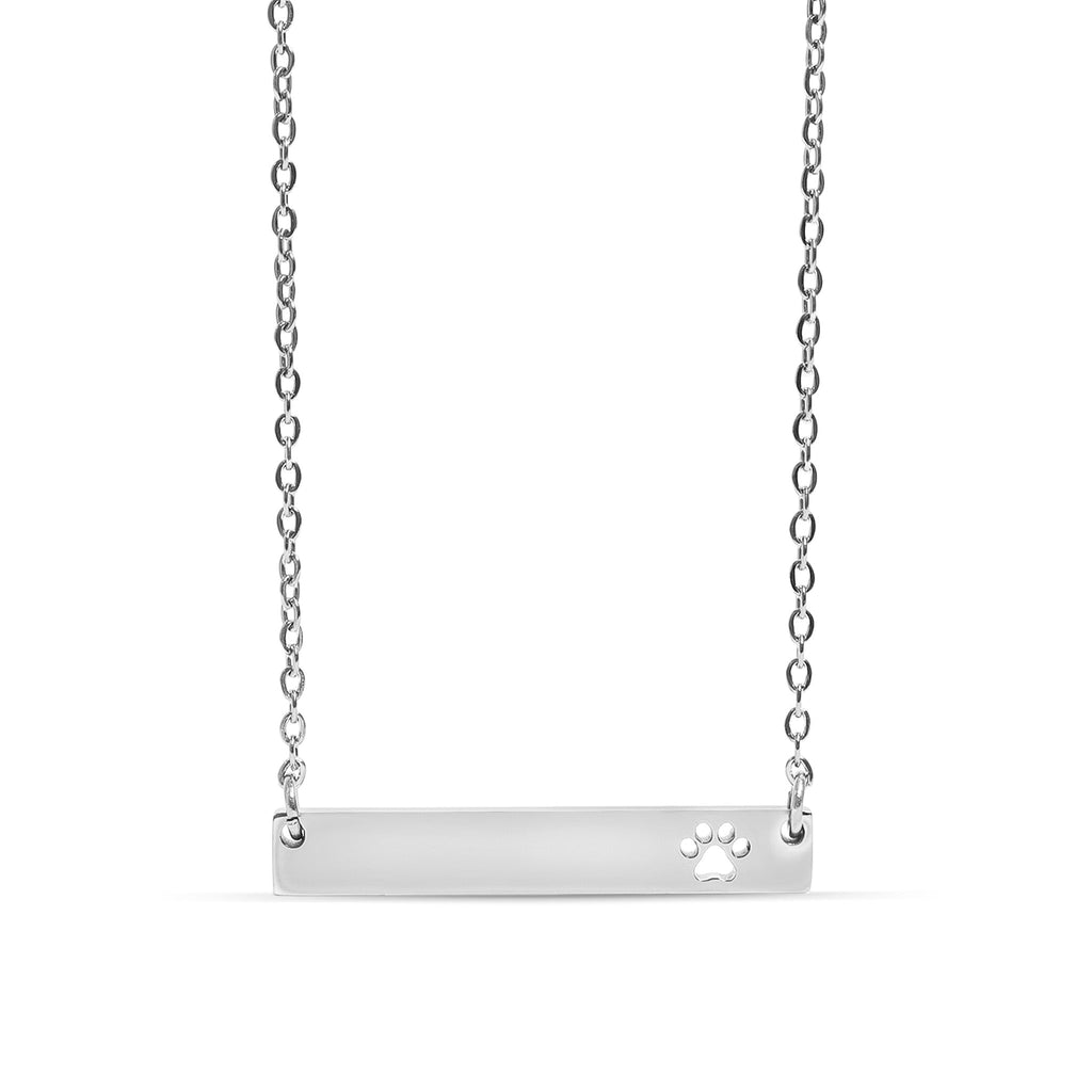 Chain necklace with horizontal bar pendant with paw print cut out engraving