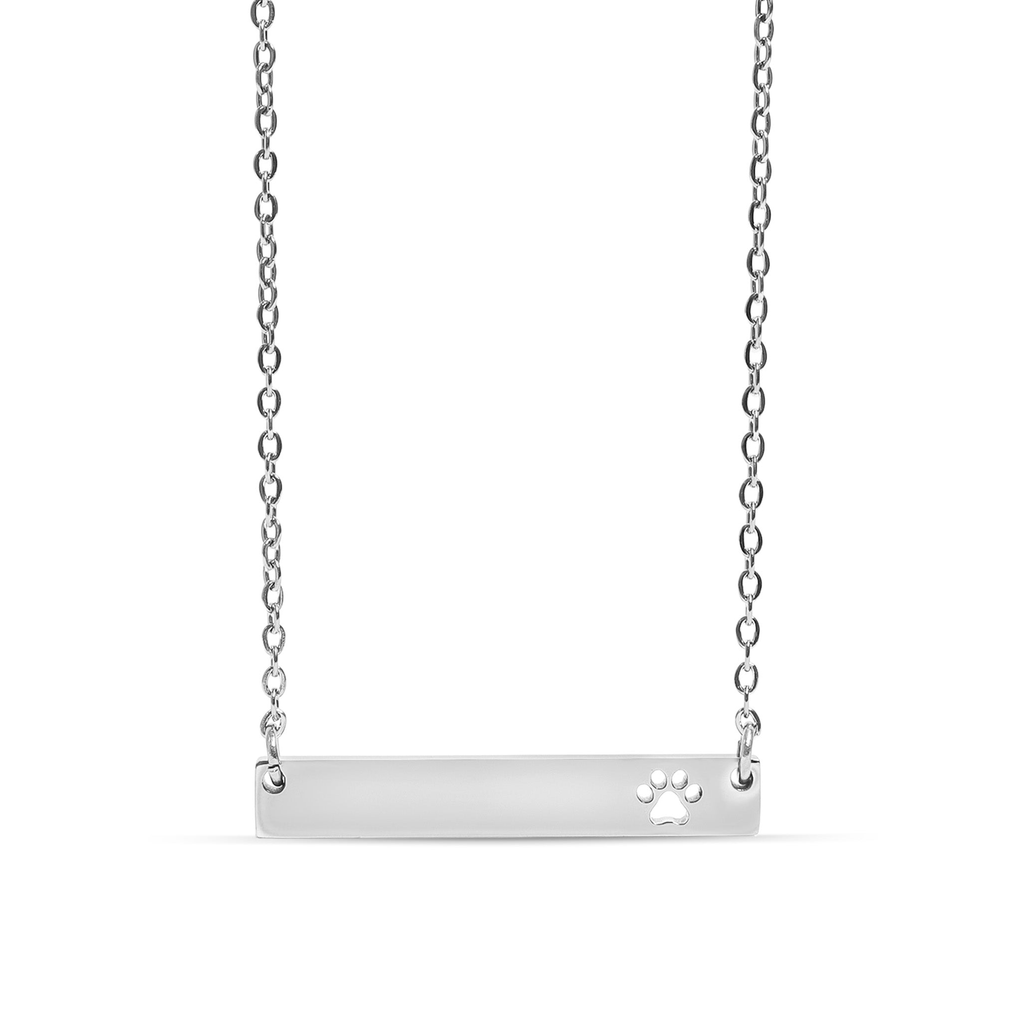 Chain necklace with horizontal bar pendant with paw print cut out engraving