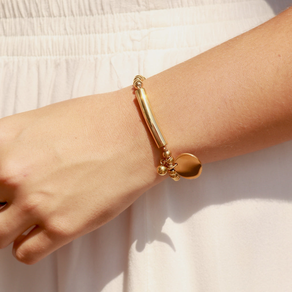 Gold Stainless Steel Bracelet – 18K PVD Beaded Stretch with Engravable Charm