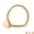 Gold Stainless Steel Bracelet – 18K PVD Beaded Stretch with Engravable Charm