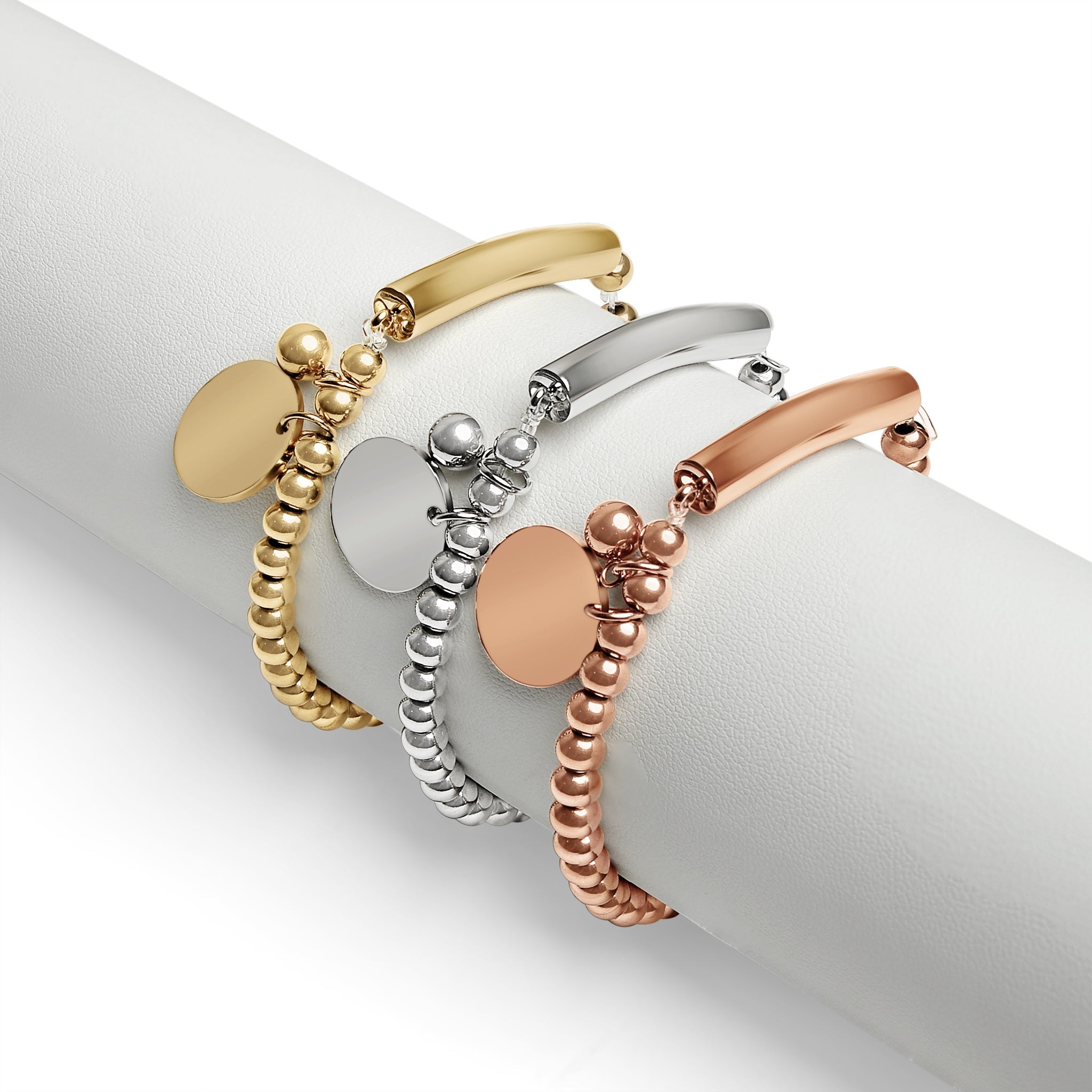Stainless Steel Beaded Stretch Bracelet with Engravable Charm