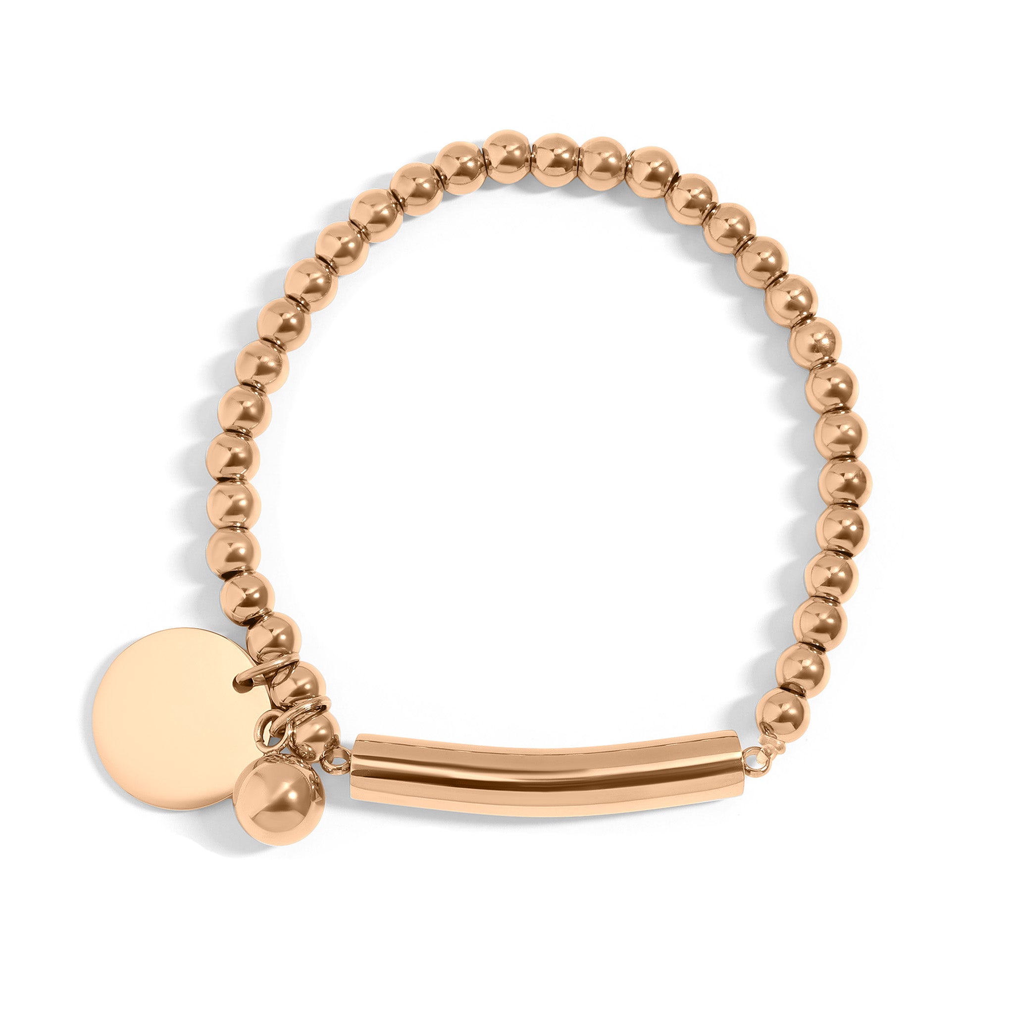 Gold Stainless Steel Bracelet – 18K PVD Beaded Stretch with Engravable Charm
