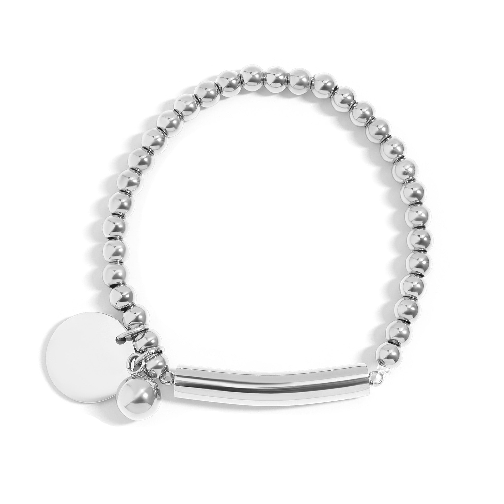 Gold Stainless Steel Bracelet – 18K PVD Beaded Stretch with Engravable Charm