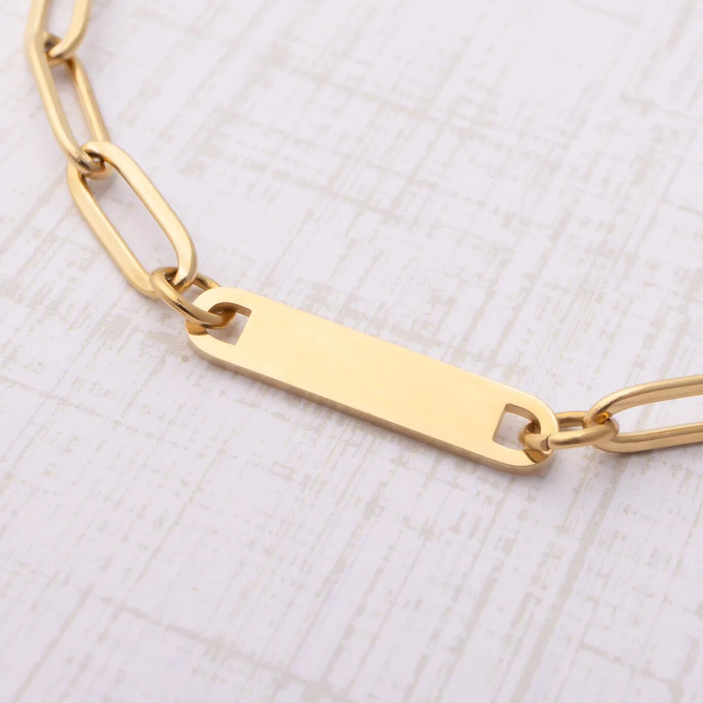 Engraved Gold Bracelet – 14K Gold Filled Paperclip Chain Bar Bracelet with Lasting Shine