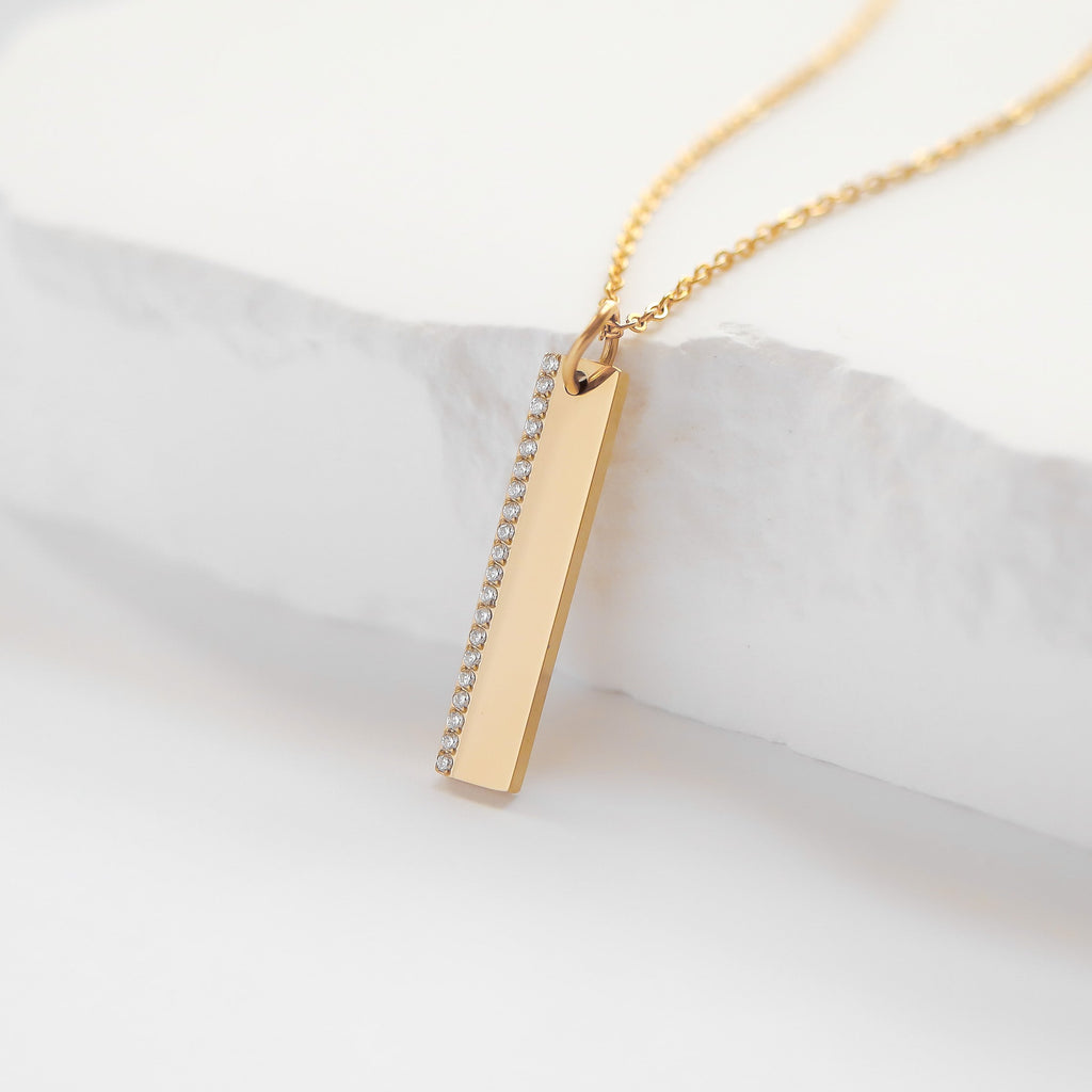 18K Gold CZ Pendant – Modern Gold Bar Pendant with CZ Stone Necklace