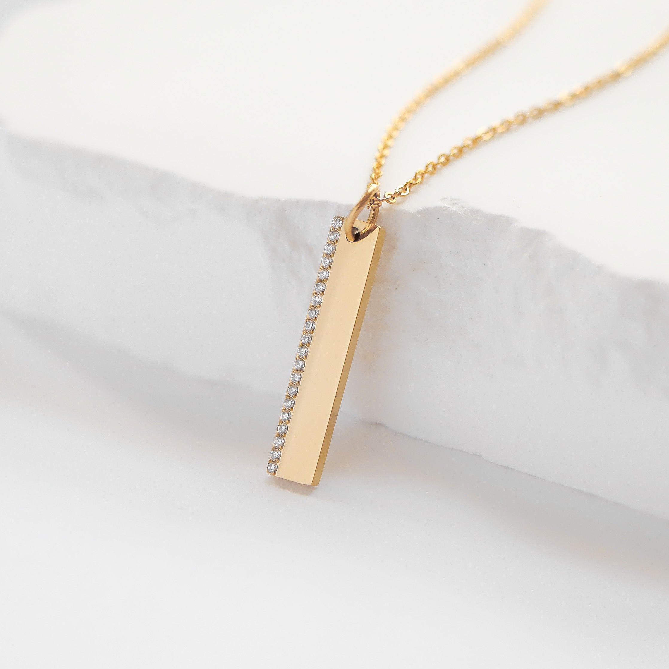18K Gold CZ Pendant – Modern Gold Bar Pendant with CZ Stone Necklace