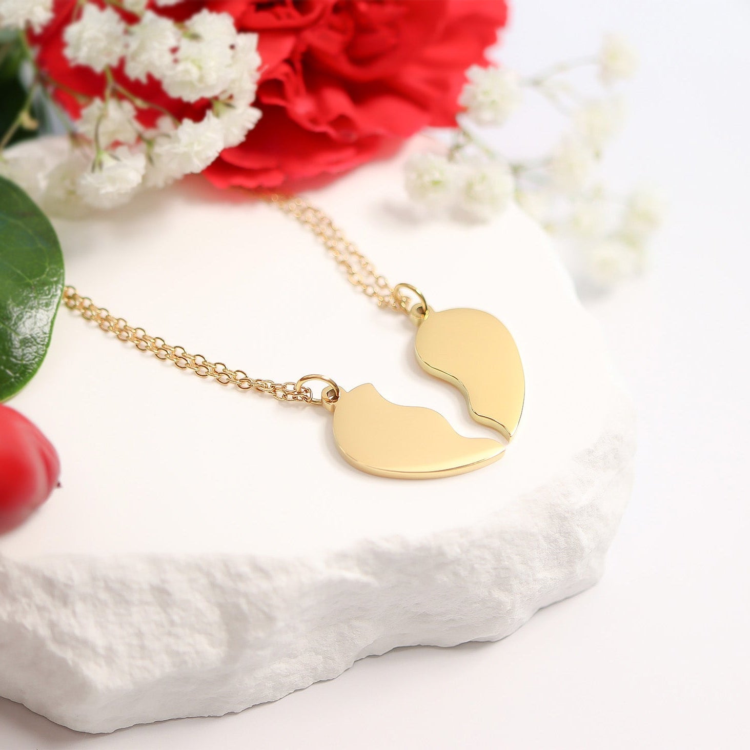Engraved Heart Necklace – 18K Gold PVD Coated Break Apart Pendant Set