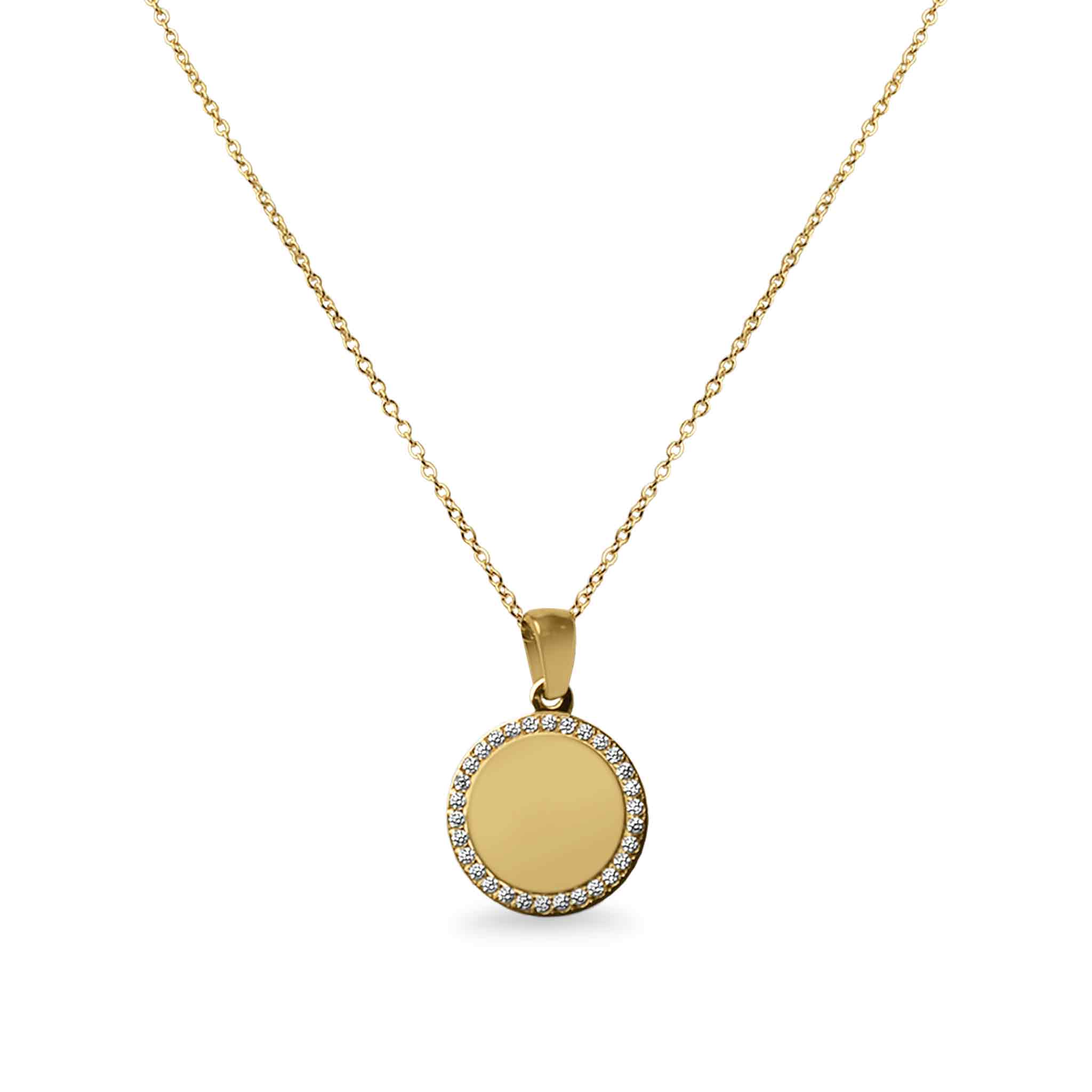 Stainless Steel Engravable Round Pendant Necklace with CZ