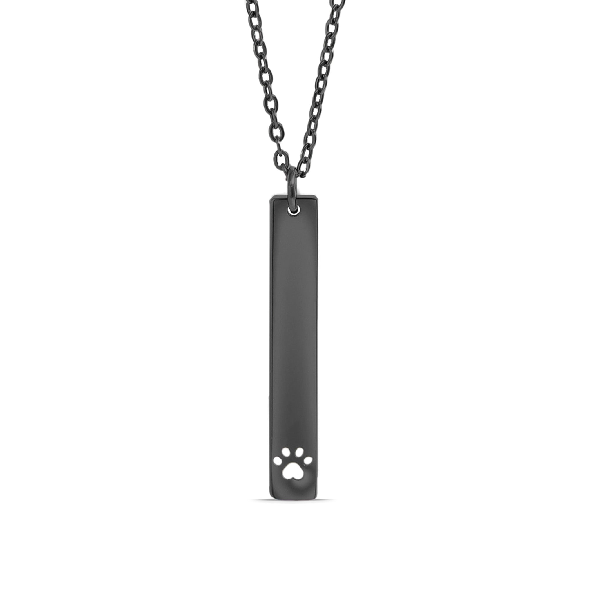 Chain necklace with vertical bar pendant with cut out paw print engraving