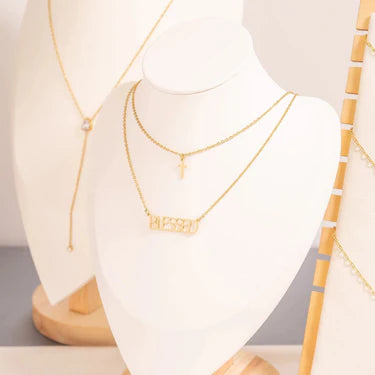 18K Gold PVD Stainless Steel "Blessed" Layered Cross Charm Necklace