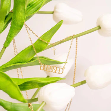 18K Gold PVD Stainless Steel "Blessed" Layered Cross Charm Necklace