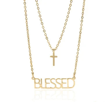 18K Gold PVD Stainless Steel "Blessed" Layered Cross Charm Necklace