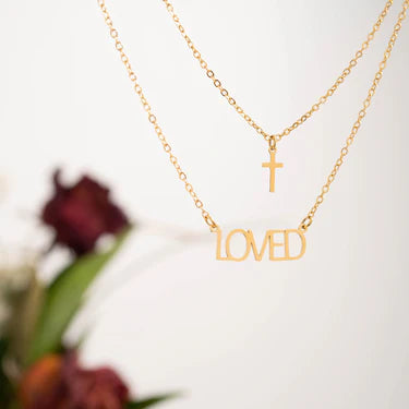 18K Gold PVD Stainless Steel "Loved" Layered Cross Charm Necklace