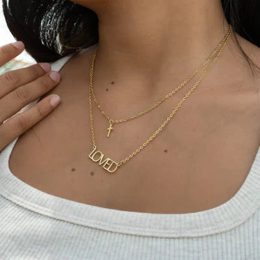 18K Gold PVD Stainless Steel "Loved" Layered Cross Charm Necklace