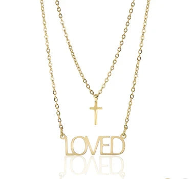 18K Gold PVD Stainless Steel "Loved" Layered Cross Charm Necklace