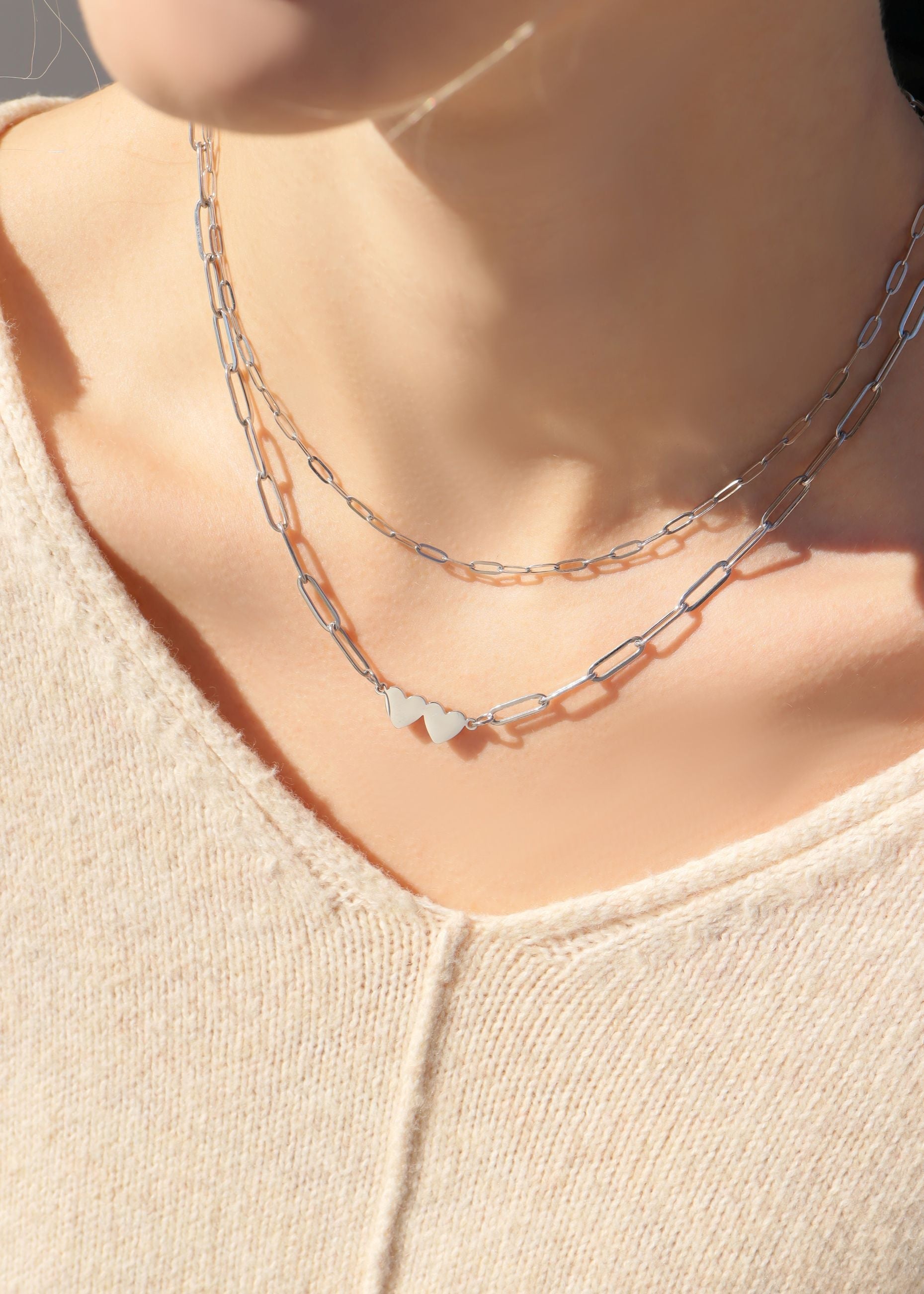 Engraved Heart Necklace - Stainless Steel Two Heart Paperclip Chain Pendant