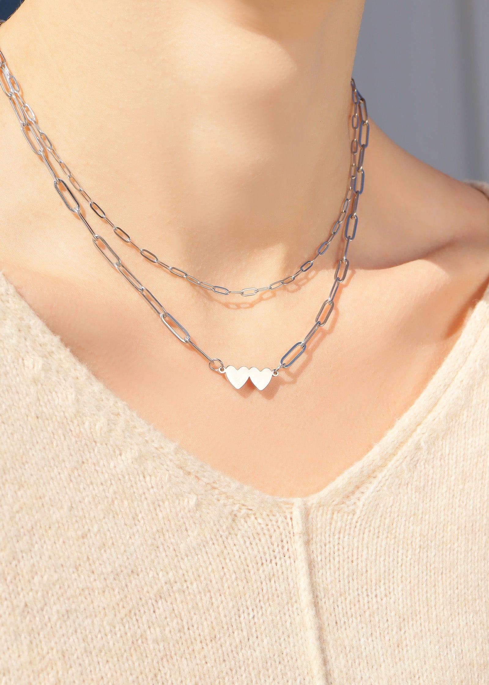 Engraved Heart Necklace - Stainless Steel Two Heart Paperclip Chain Pendant