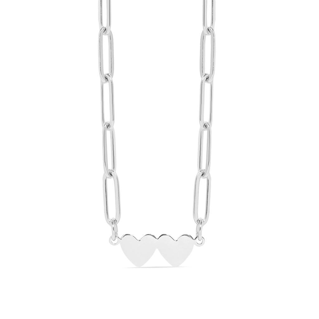 Engraved Heart Necklace - Stainless Steel Two Heart Paperclip Chain Pendant