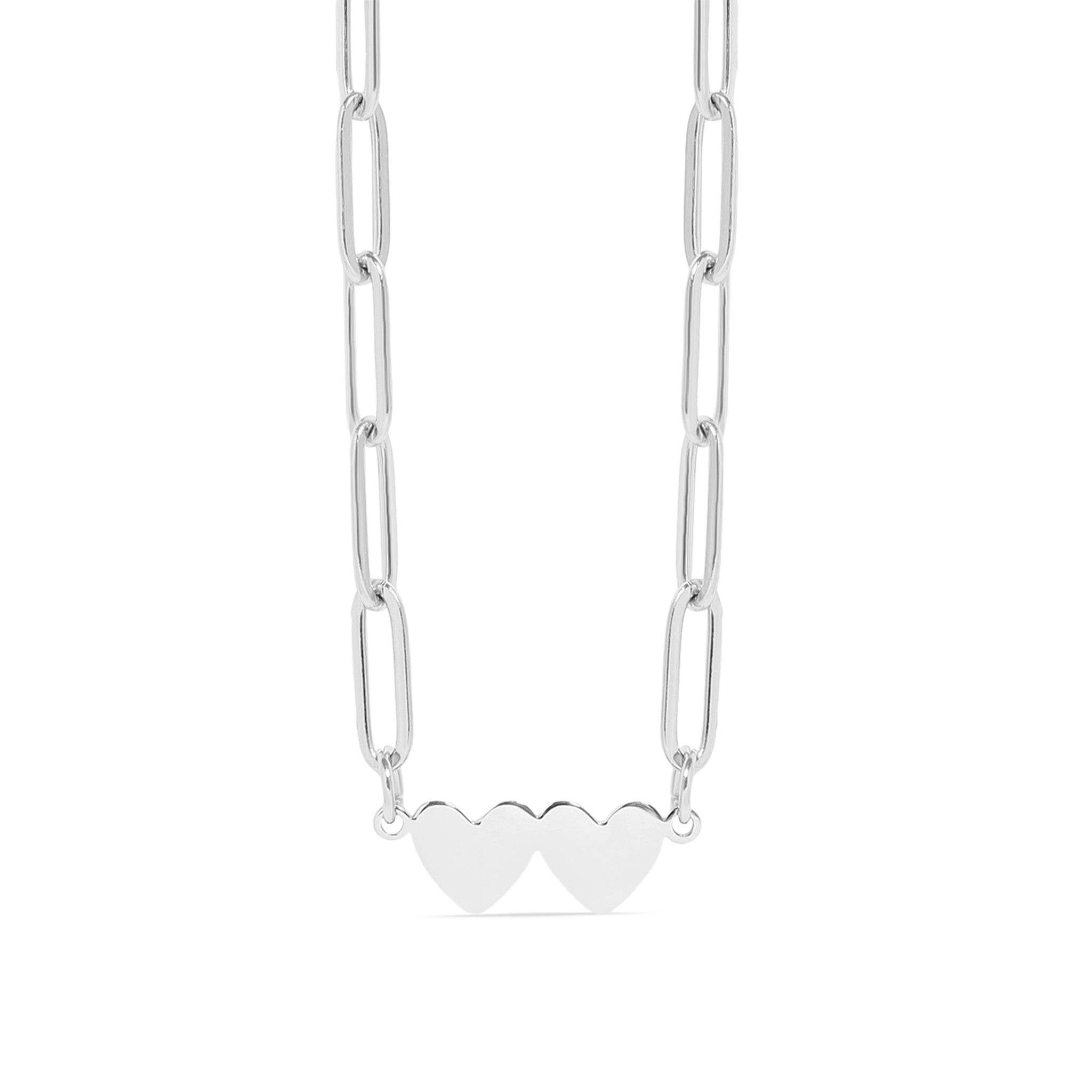 Engraved Heart Necklace - Stainless Steel Two Heart Paperclip Chain Pendant