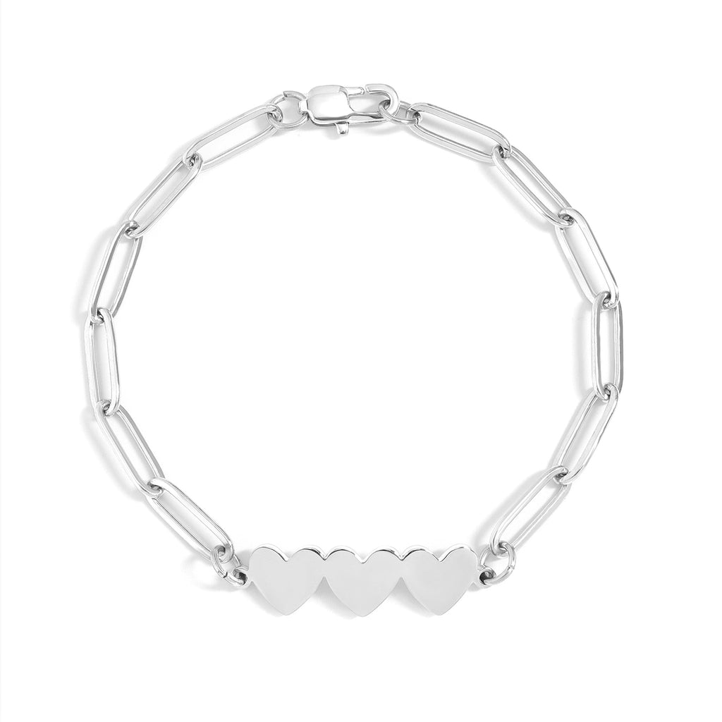 Engraved Heart Bracelet – Stainless Steel Paperclip Chain With 3 Heart Charms
