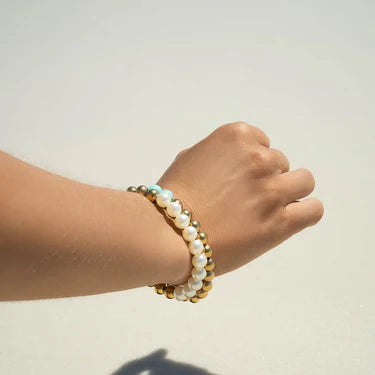 18K Gold PVD Stainless Steel Semi Precious Beaded Stretch Bracelets
