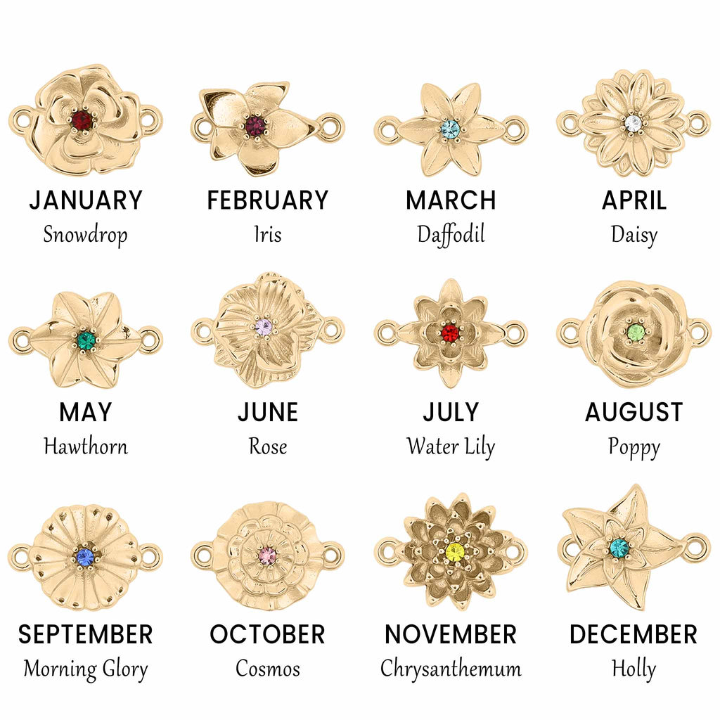 Birth Flower Charms – 18K Gold PVD Stainless Steel 3D Floral Connector Charm