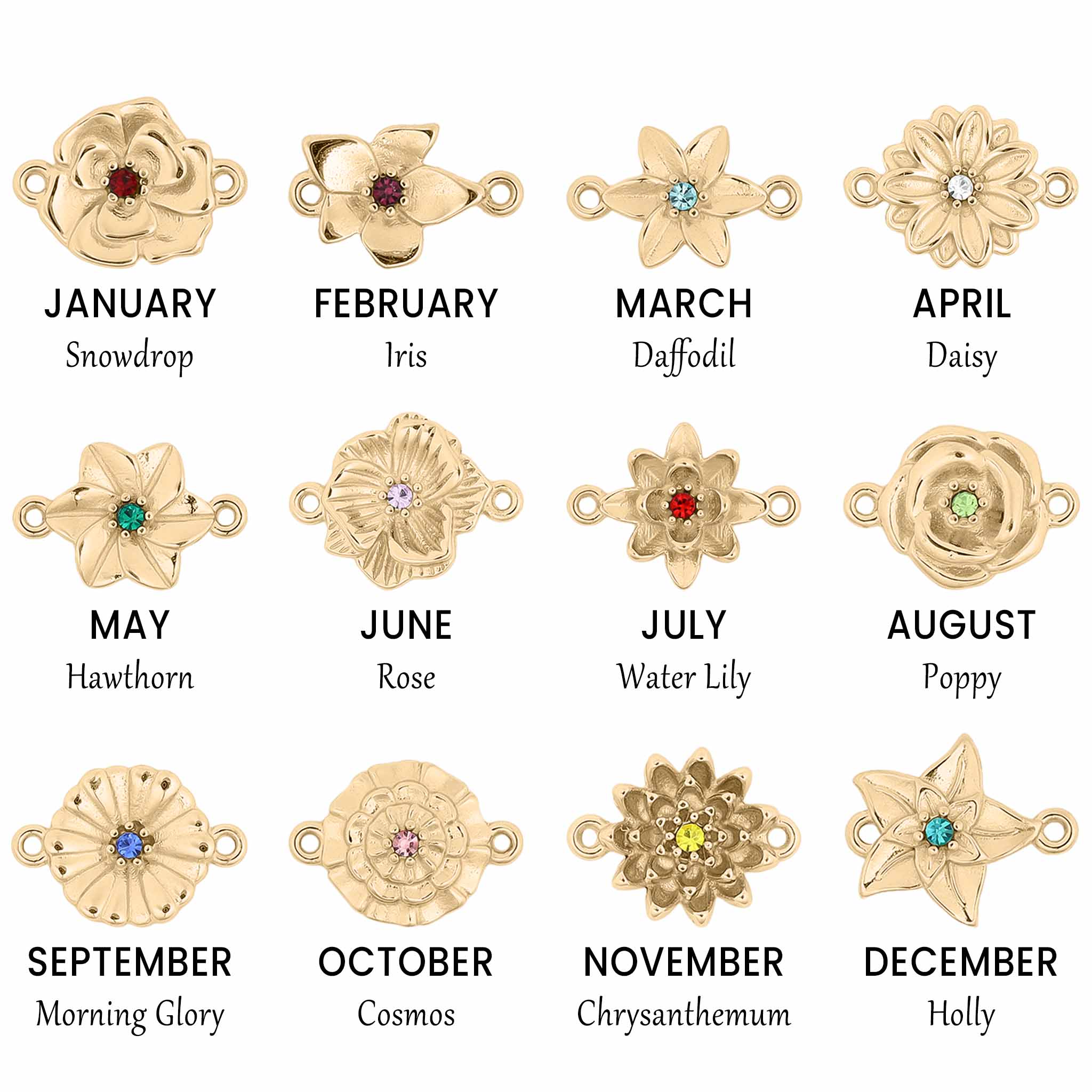 Birth Flower Charms – 18K Gold PVD Stainless Steel 3D Floral Connector Charm