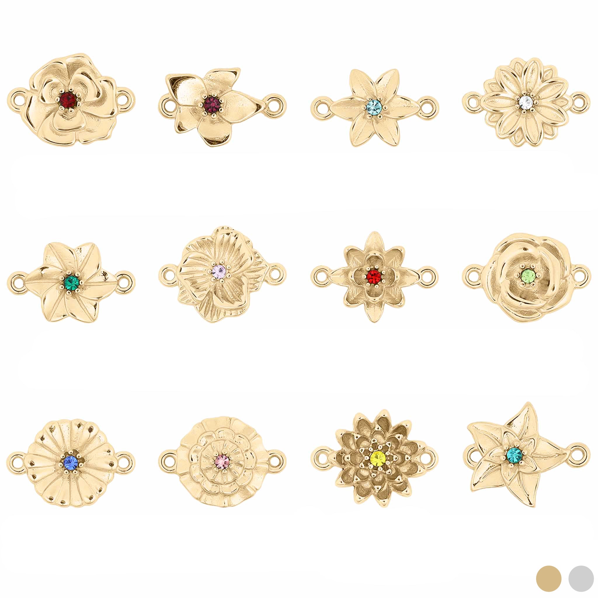 Birth Flower Charms – 18K Gold PVD Stainless Steel 3D Floral Connector Charm