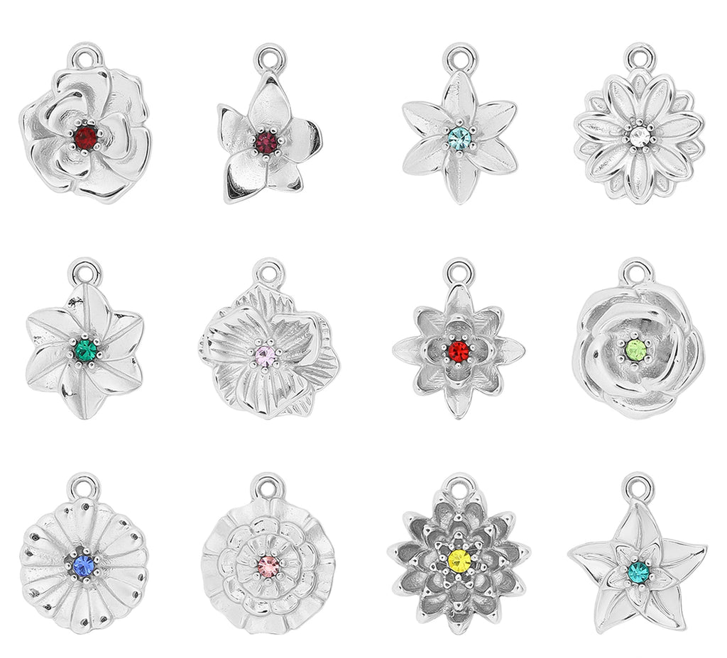 Birth Flower Charm – 18K Gold PVD Coated Pendant with Birthstone Sparkle