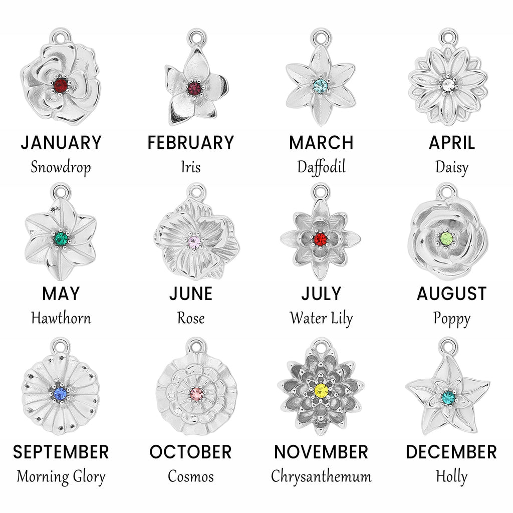 Birth Flower Charm – 18K Gold PVD Coated Pendant with Birthstone Sparkle