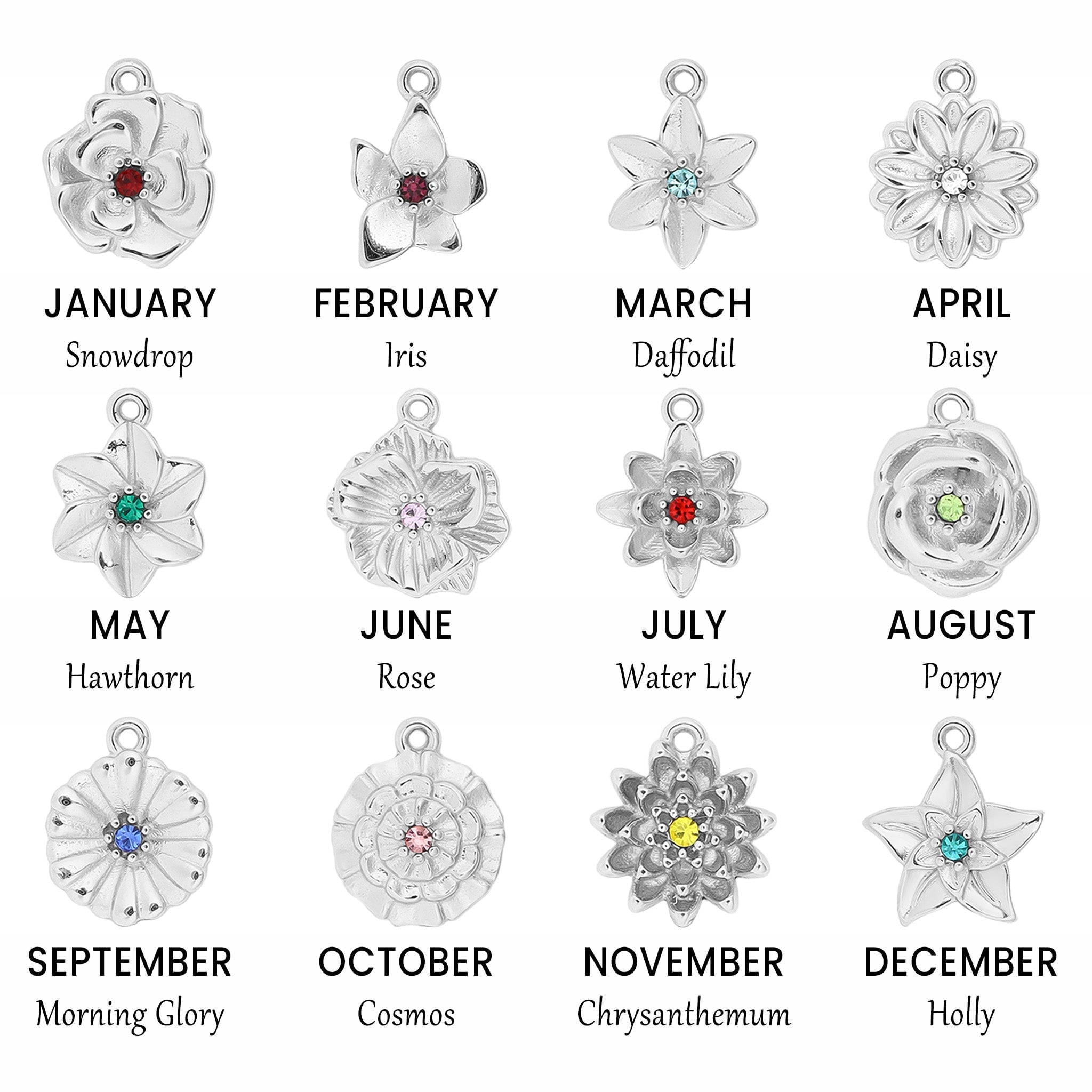Birth Flower Charm – 18K Gold PVD Coated Pendant with Birthstone Sparkle