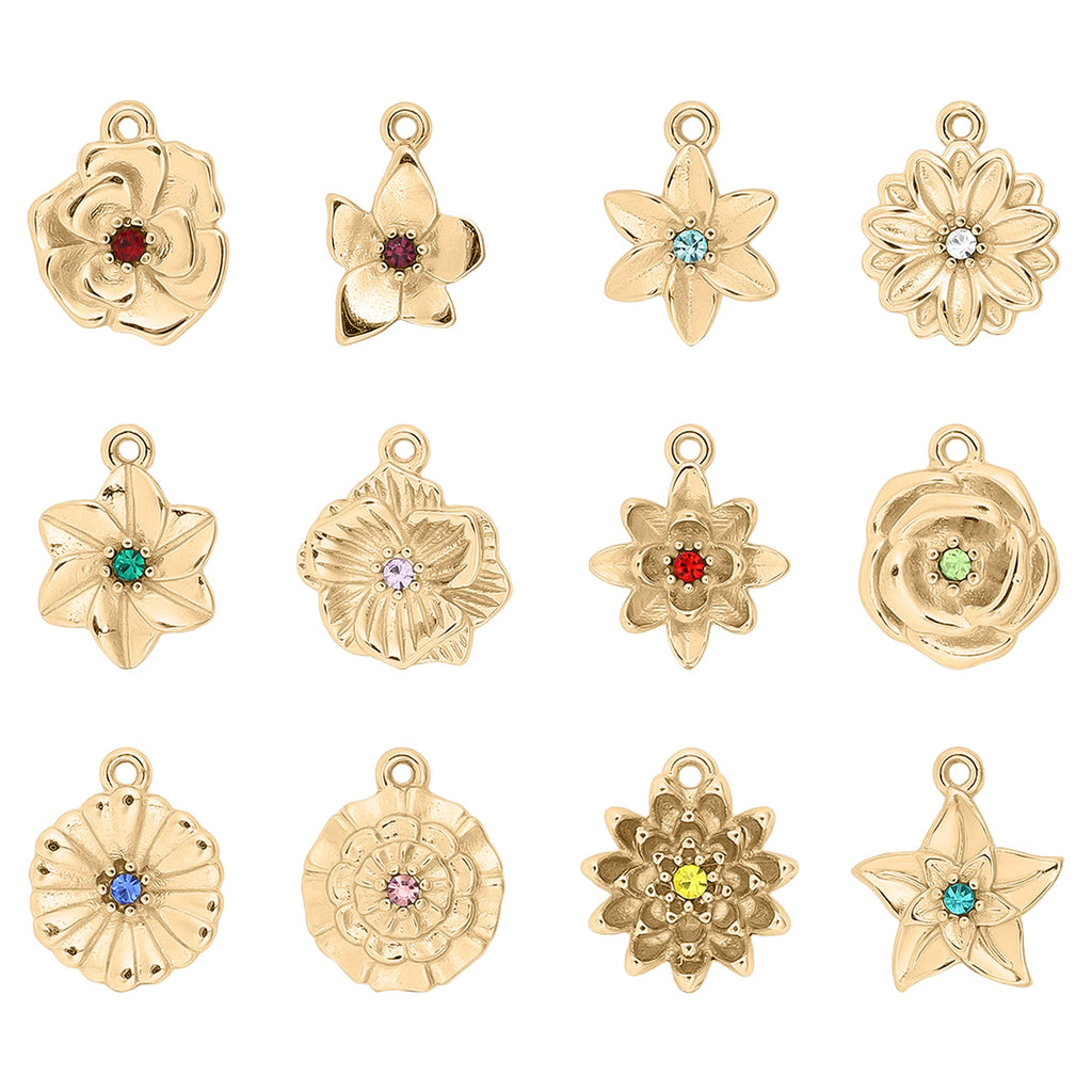 Birth Flower Charm – 18K Gold PVD Coated Pendant with Birthstone Sparkle