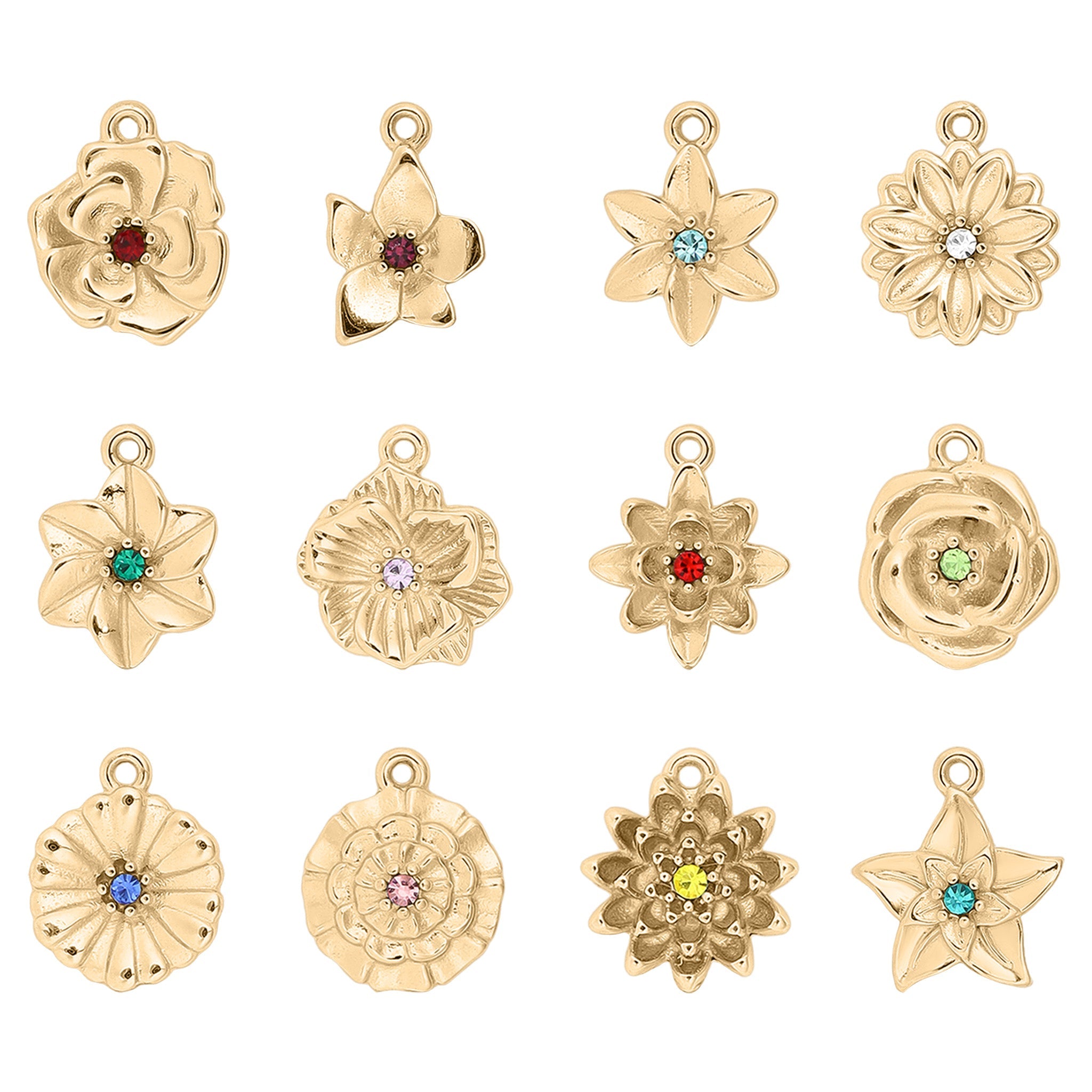 Birth Flower Charm – 18K Gold PVD Coated Pendant with Birthstone Sparkle