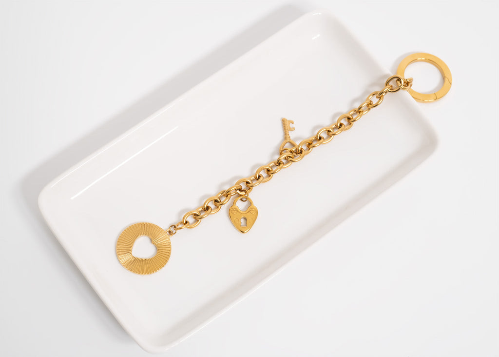 18K Gold Key Chain - Stainless Steel Keychain with Circle Clasp & DIY Charm Holder