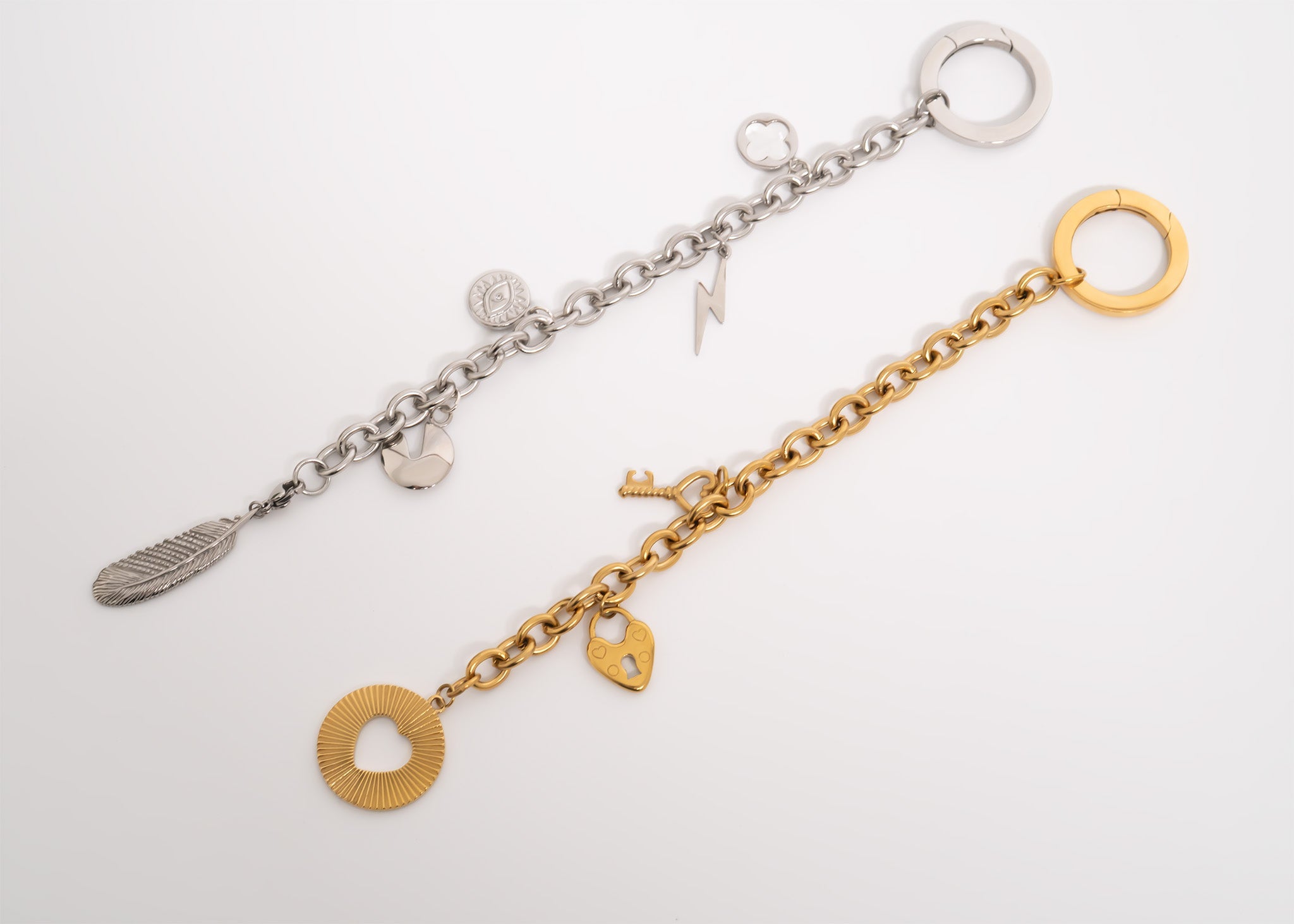 18K Gold Key Chain - Stainless Steel Keychain with Circle Clasp & DIY Charm Holder