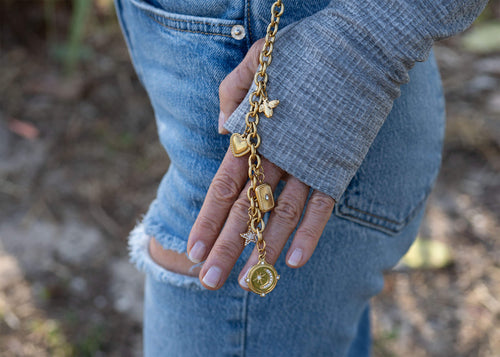 18K Gold Charm Keychain - Stainless Steel Key Chain with Gold PVD Coating & DIY Holder