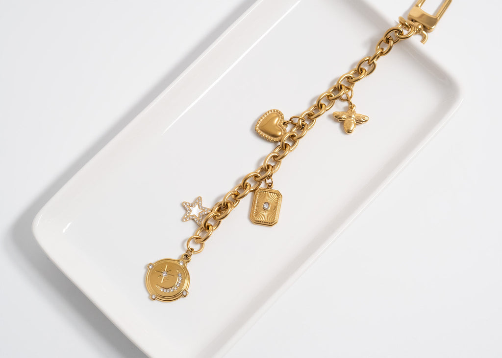 18K Gold Charm Keychain - Stainless Steel DIY Charm Holder with Gold PVD Coating