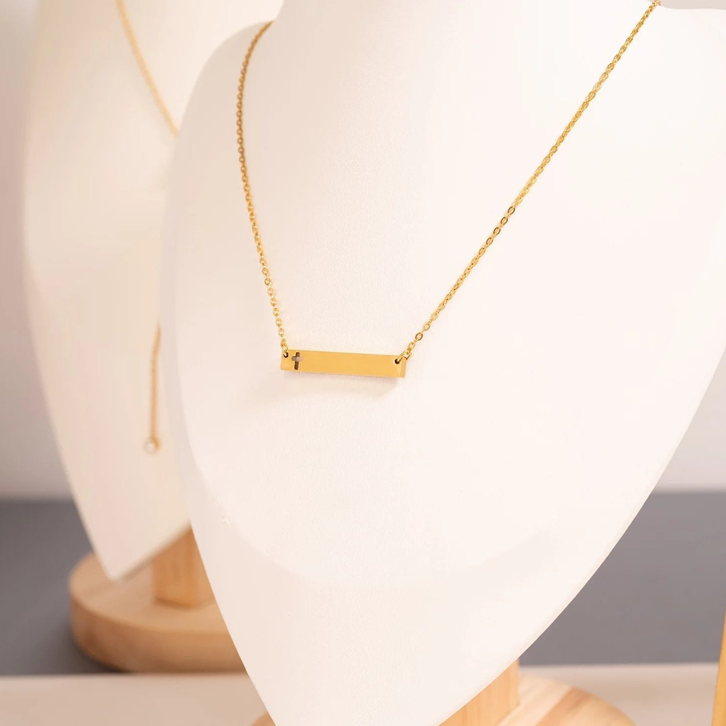 Stainless Steel Cutout Cross Blank Bar Necklace