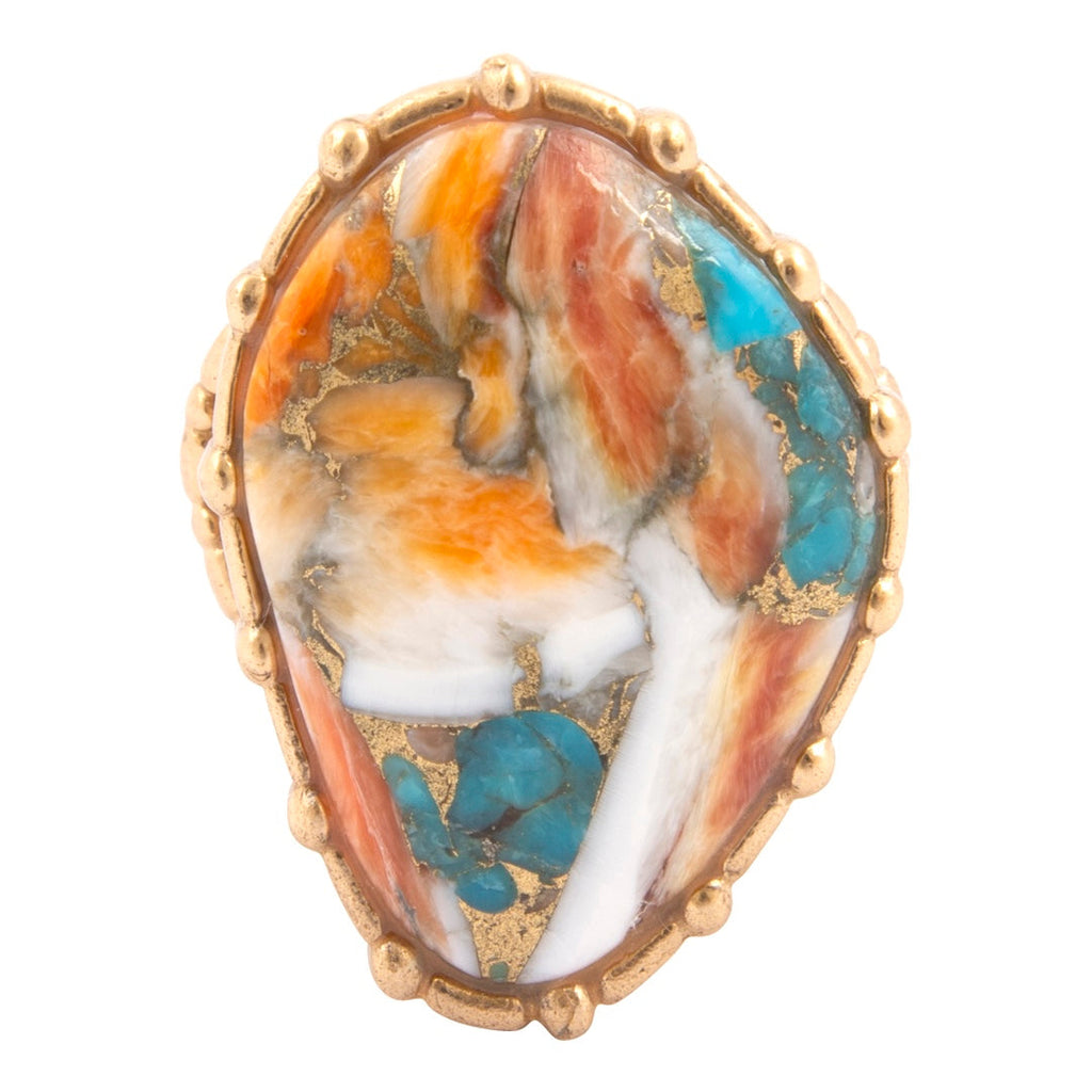 Modern Edge Turquoise and Spiny Oyster Shell Matrix Stone Golden Ring