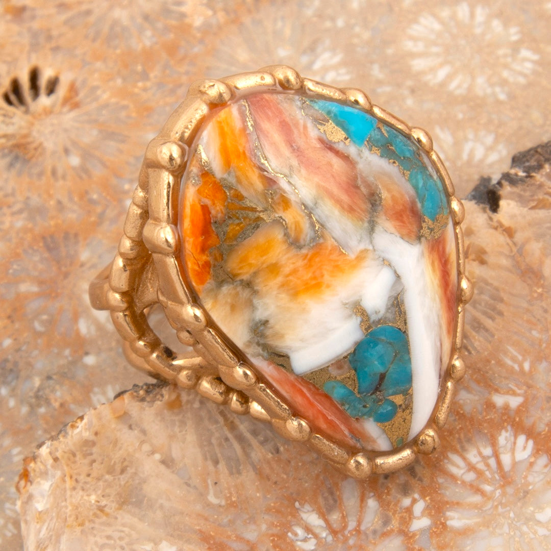 Modern Edge Turquoise and Spiny Oyster Shell Matrix Stone Golden Ring
