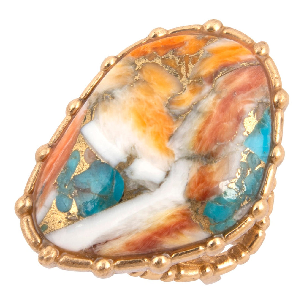 Modern Edge Turquoise and Spiny Oyster Shell Matrix Stone Golden Ring